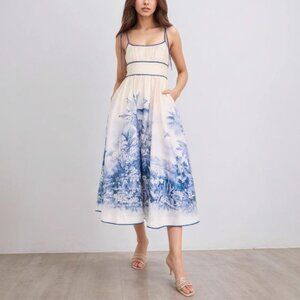 Zimmermann Women‘s Wylie Blue/White Linen Print Halter Picnic Dress